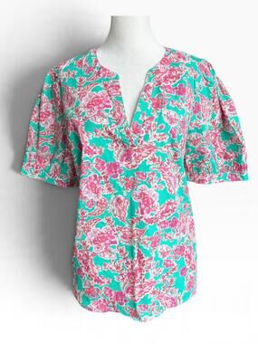 J.Crew Green Floral V-Neck Short Sleeve Smock Top Size M